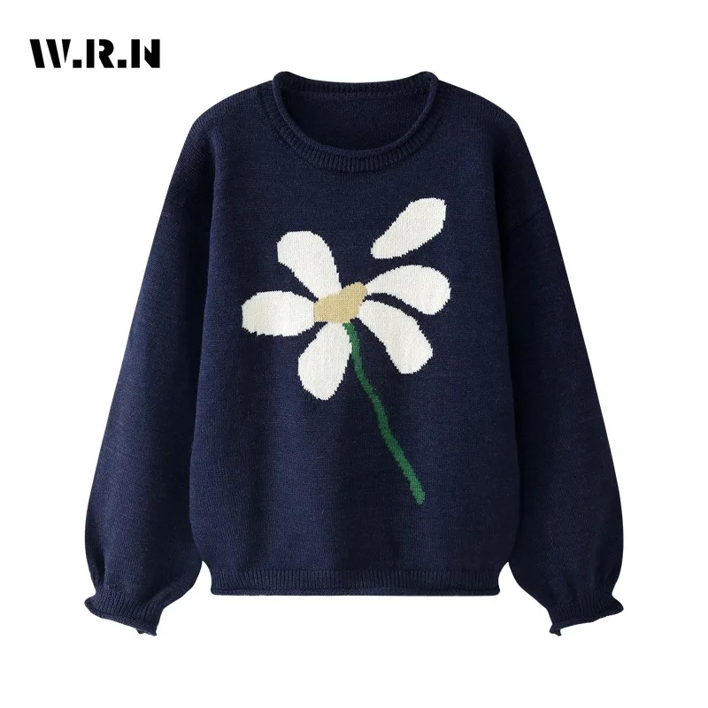 

Женский трикотажный пуловер с длинным рукавом, повседневный свободный Трикотажный свитер с цветочным принтом в винтажном стиле, Осень-зима 2023