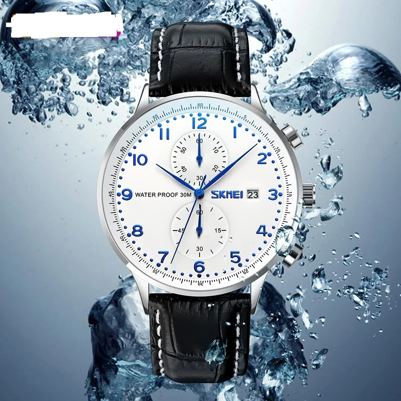 New Luxyry Men Casual Quartz Movement Watches Genuine Leather Strap Waterproof Date Stopwatch Sports Wristwatch