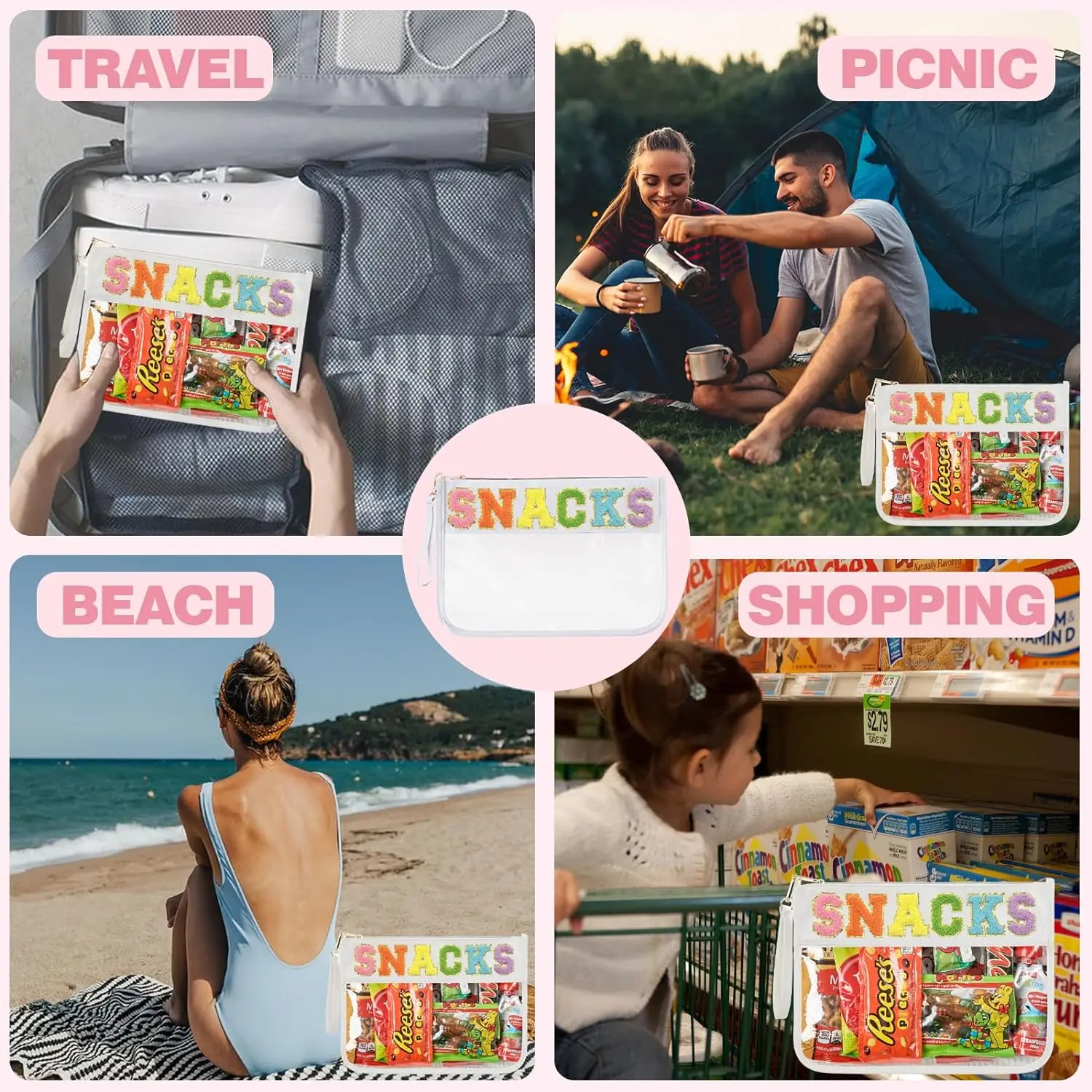 Clear Zipper Pouch for Travel Snacks Bag Nylon Clear Cosmetic Bag Makeup Travel Bag for Women with Glitter Patch Letters 4