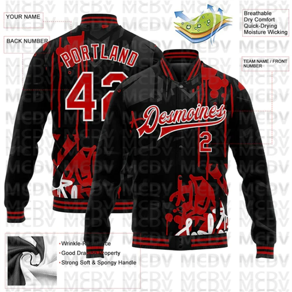 Custom Graffiti Pattern Red-Black Dark Abstract Urban Street Art 3D Bomber Full-Snap Varsity Letterman Jacket