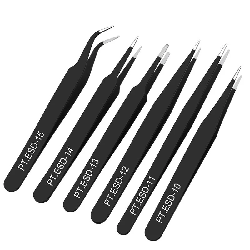 6Pcs Anti-static Stainless Steel Tweezers Repair Tool Precision Curved Straight Tweezers Repair Tool Eyelash Extension Supplies