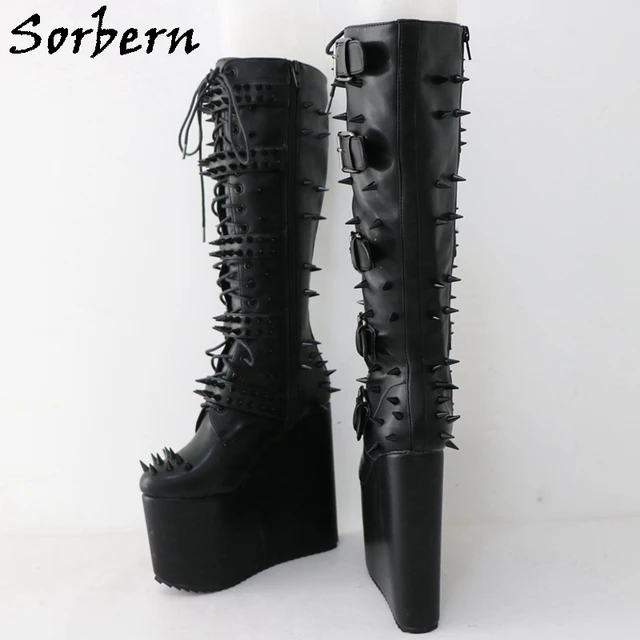 Sorbern Unisex Rivet Punk Knee High Boots Women 16cm Wedge Platform High Heels Buckles Custom Wide Slim Fit Legs 2