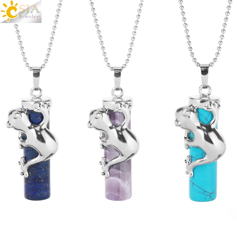 CSJA Pink Quartz Gem Power Statement Necklace Natural Gem Stone Pendant Frog Jewellery Male Female E184