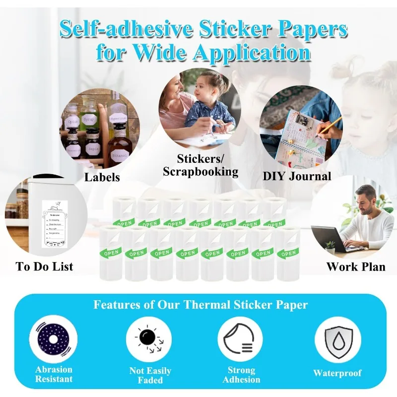 15 Rolls Mini Printer Sticker Paper, Thermal Sticker Paper Self-Adhesive, 57 x 25 mm, Halloween Christmas DIY Stickers for Kids