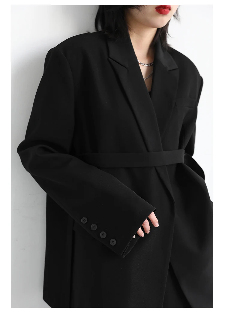 CHIC VEN Women Blazer Black Ribbon Women's Medium Long Coat Loose Female Pant Suits Office Lady Business Tops Spring Autumn 2022