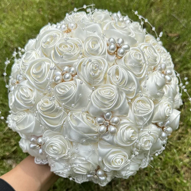 Wedding Bouquets 1pc Silk Rose Wedding Bouquet for Bride Bridesmaid Pearl Ribbon Valentine's Day Party Church Decoration
