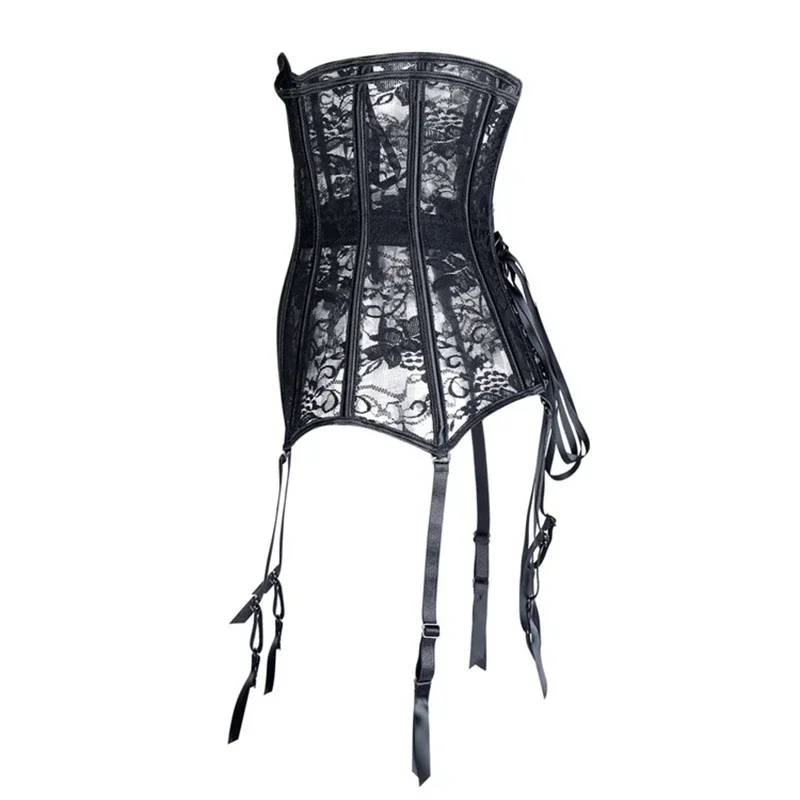 Women Black Bustiers & Corsets Cincher Sexy With Garter Belt Lace Mesh Breathable Underbust Corset Waist Trainer Slim Bustiers