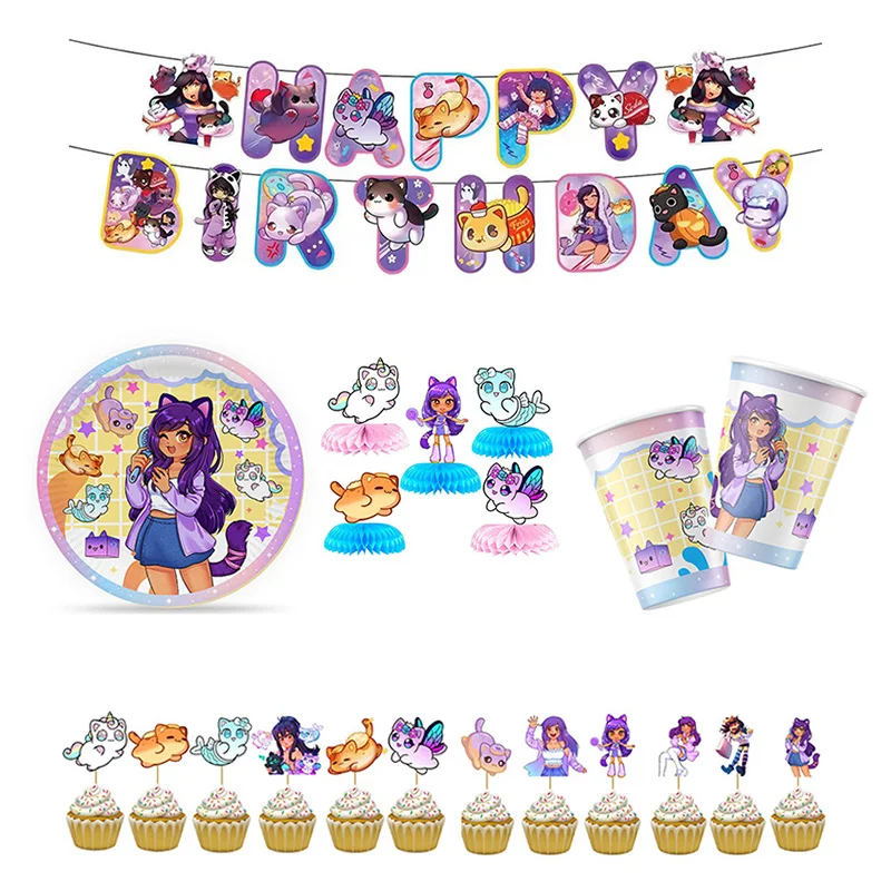 

Aphmau Birthday Party Decoration Paper Disposable Tableware Honeycomb plate Caketopper Number Balloon For Baby Party Supplies G