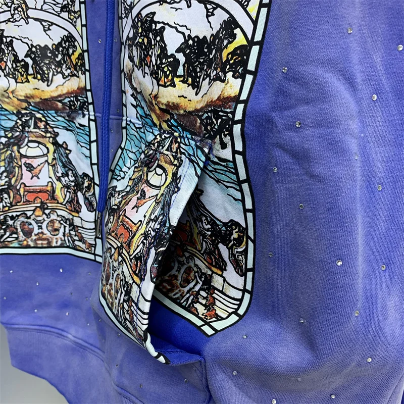 Free shipping pure cotton blue WHO DECIDES WAR sweatshirt with hot diamonds all over, men and women's casual loose fit hoodies
