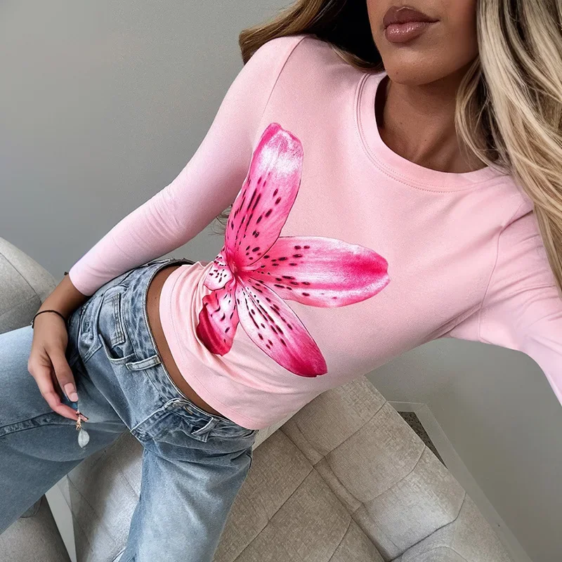 Elegant Spring New Women's Floral Print Crew Neck Long Sleeve T-Shirt Fashion Autumn Slim-fitting Pullover Short Top Blouse