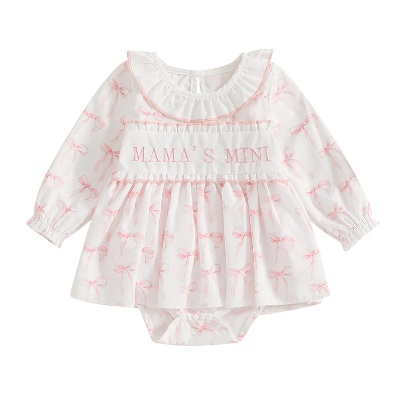 Baby Girl Romper Dress Fall Long Sleeve Ruffled Letter Embroidery Bow Print Jumpsuit