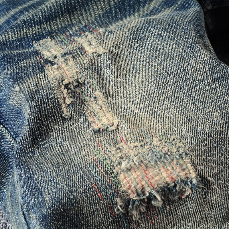 Summer Fashion Designer Men Jeans Retro Black Blue Elastic Patchwork Slim Ripped Jeans Homme Embroidery Vintage Denim Shorts Men