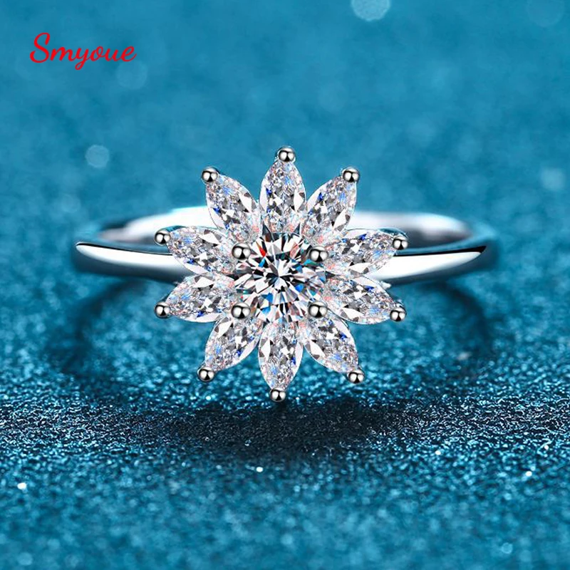 Smyoue Total 1.3ct Marquise Moissanite Halo Ring Women Flower Wedding Engagement Band Lab Grown Diamond Sterling Silver Jewelry