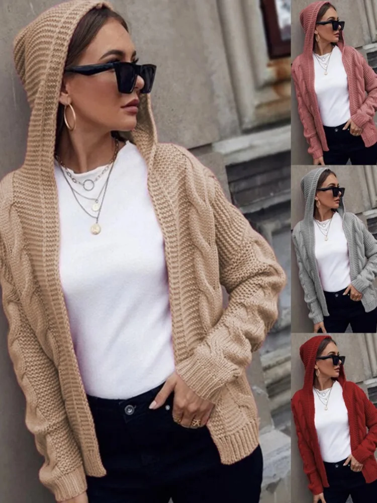 

Женский однобортный свитер с капюшоном, элегантный вязаный кардиган с V-образным вырезом и длинным рукавом в Корейском стиле Харадзюку, Новинка