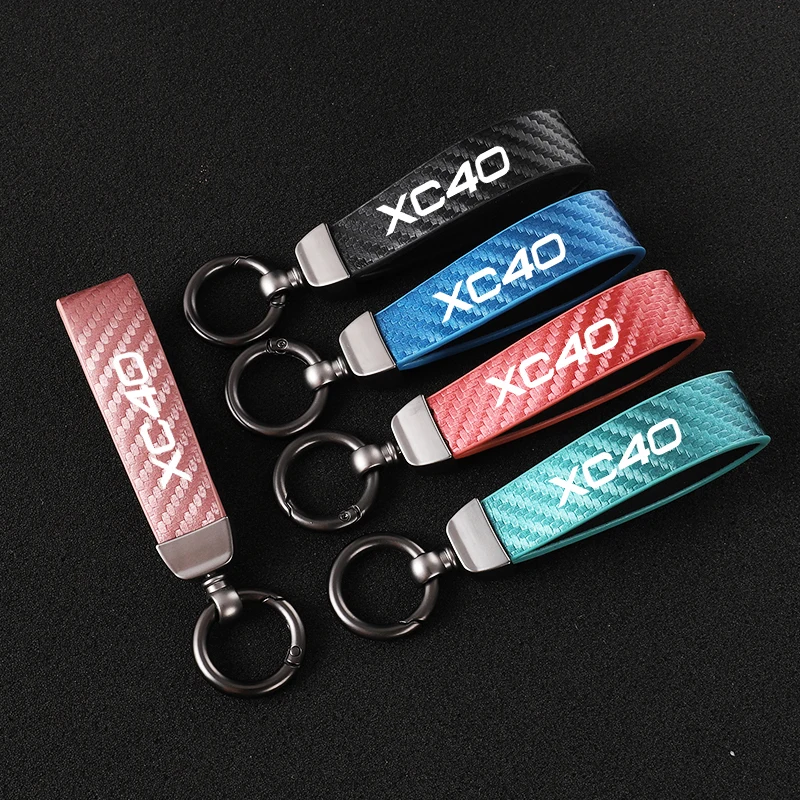 Car Carbon Fiber Leather Rope Keychain Key Ring For Volvo Xc40 Car Accessories