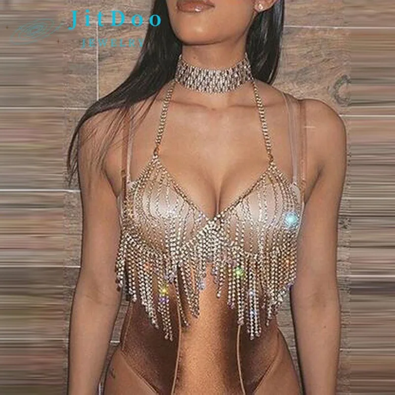 

JitDoo Handmade Full of Diamond Sexy Rhinestone Fringe Cutout Chest Chain for Women Jewelry Nightclub Party Body Chain Accessory