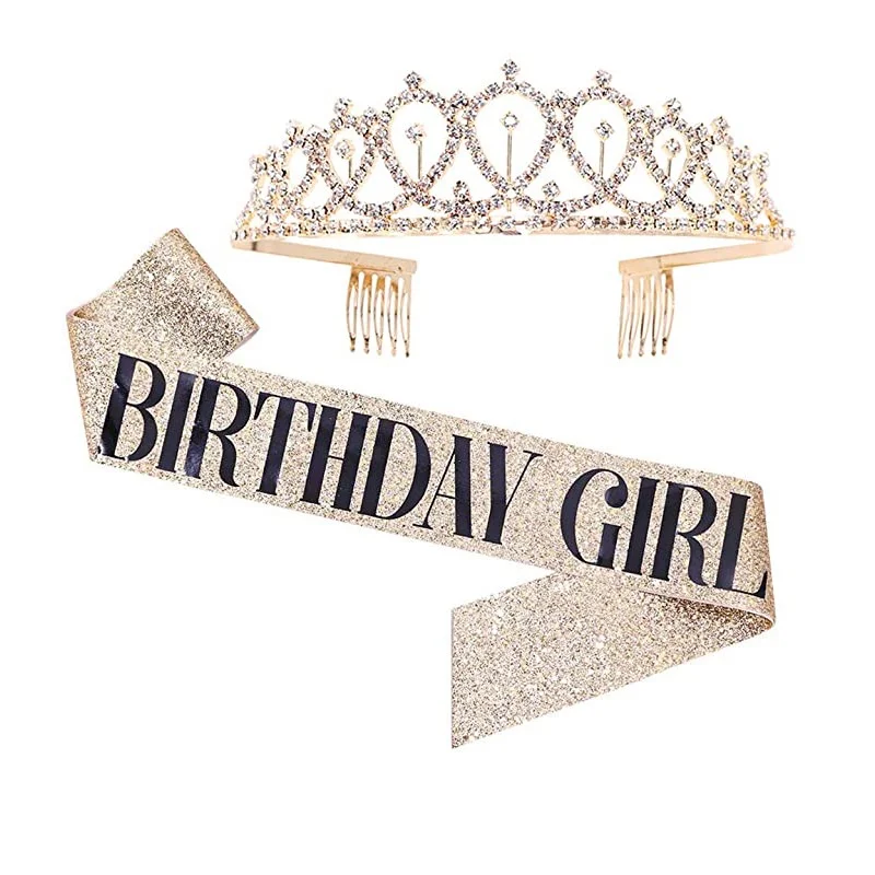 Birthday Crown Bling Rhinestone Crystal Crown Tiara Birthday Anniversary Decoration Happy 18 21 30 40 50th Birthday Satin Sash Party Supplies