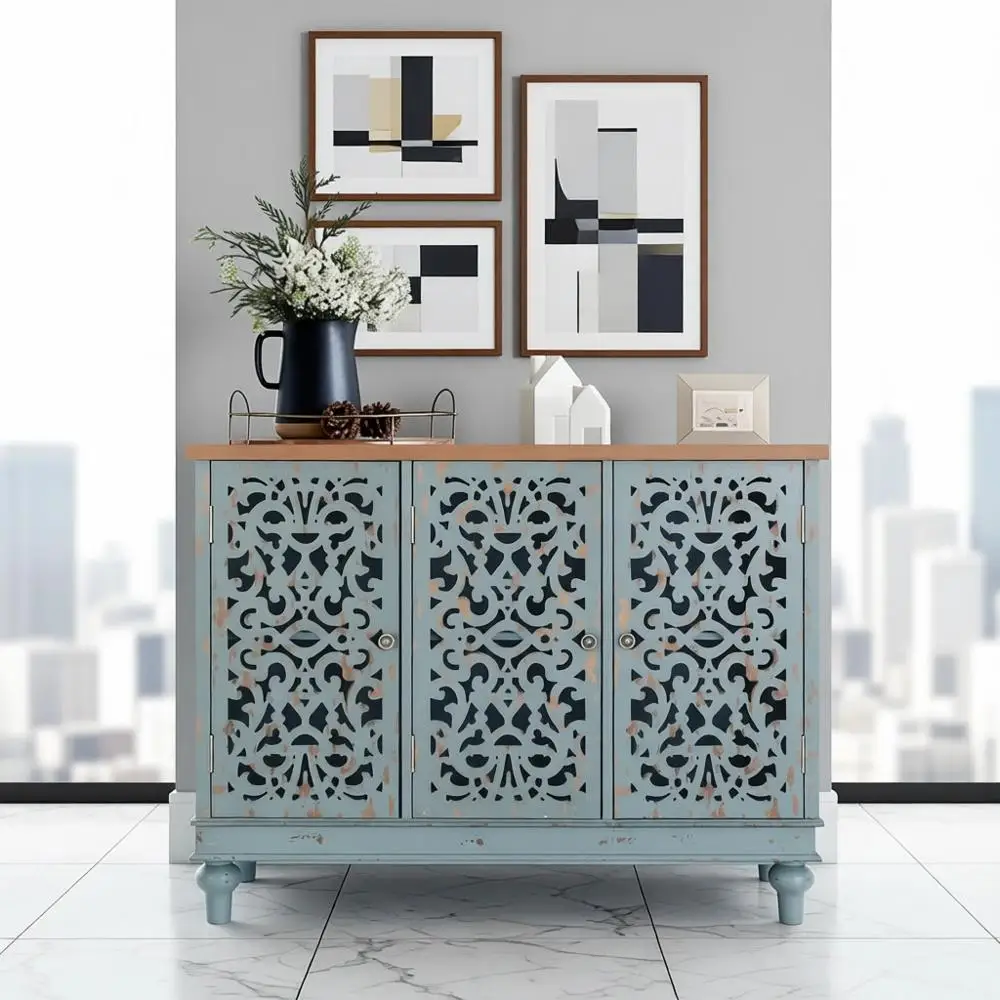 Blue Decorative 3-Door Accent Storage Cabinet for Living Room, Entryway, or Hallway, 13 D x 41.7 W x 31.5 H