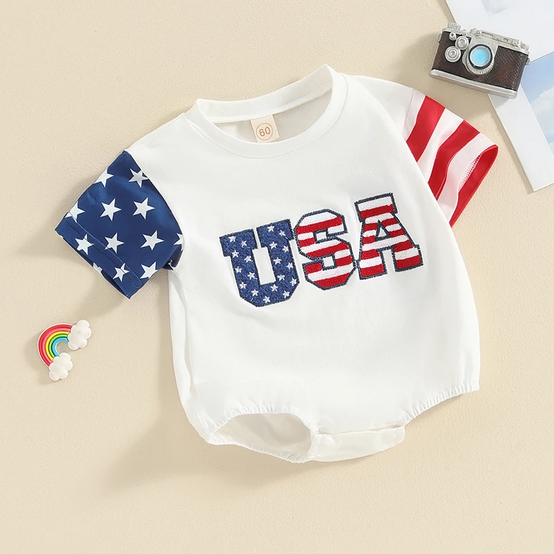 Citgeett Summer Independence Day Infant Baby Boys Girls Short Sleeve Letters Star Stripes Bodysuit Festival Clothes