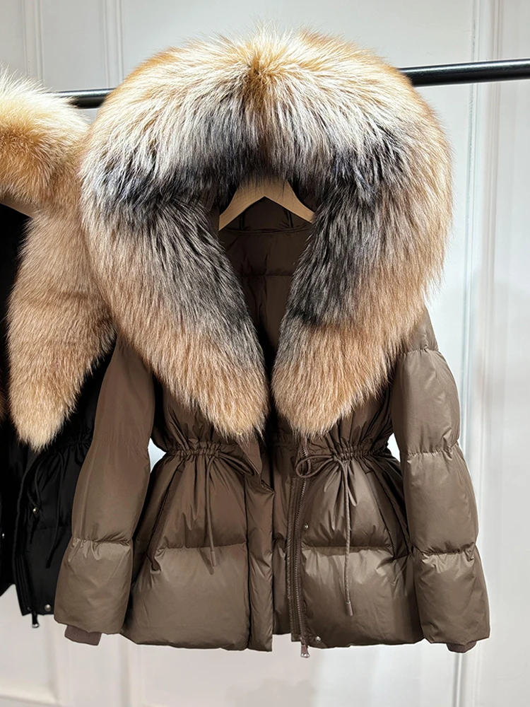 Janveny 2025 Winter Clothing Puffer Jacket Women Large Natural Fox Fur Hooded Thick Warm 90% White Duck Down Coat Female Parkas