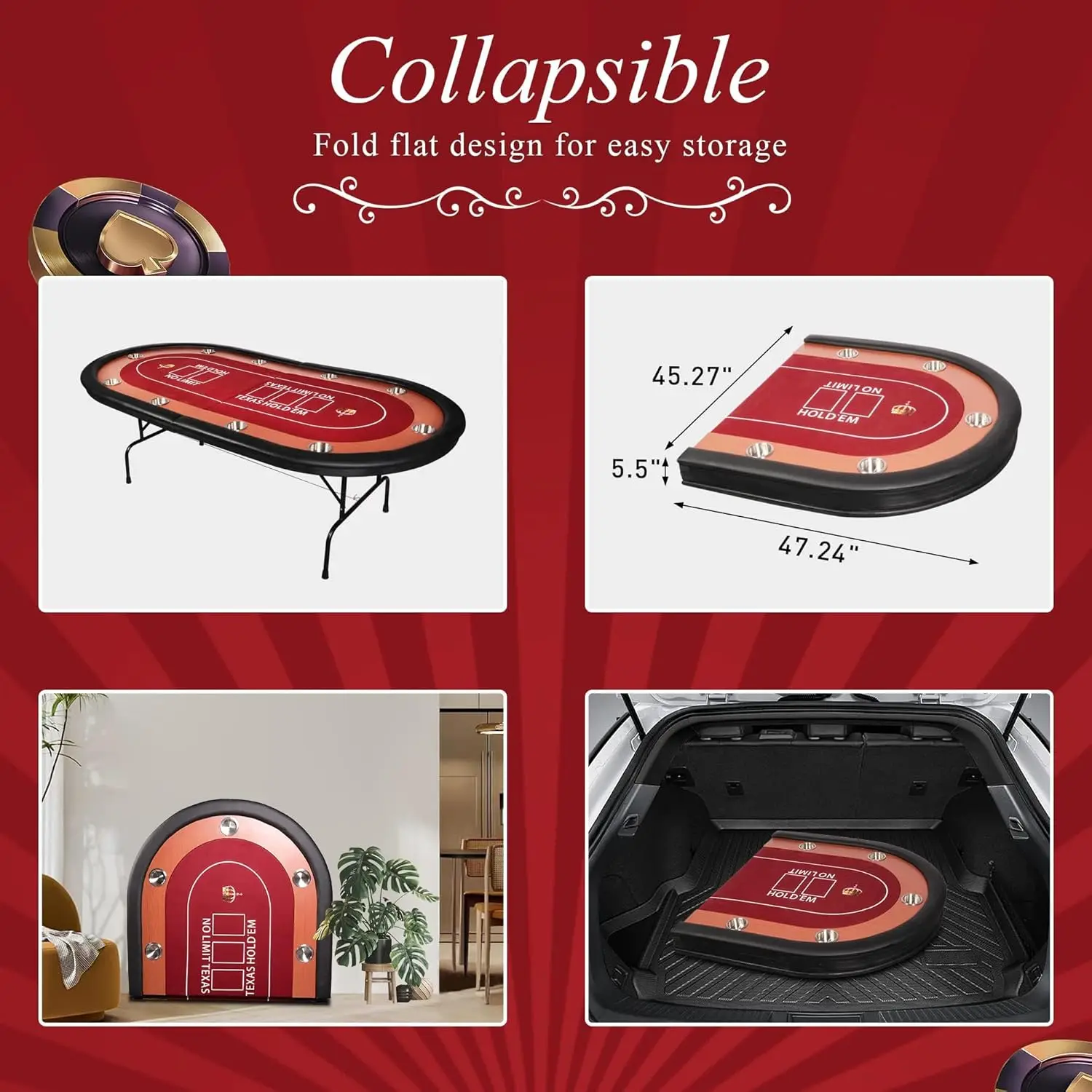 Table Foldable 10 Players Folding Poker Tables for Texas, Card Games, Casino Table with Cup Holder for Blackjack Board Game with