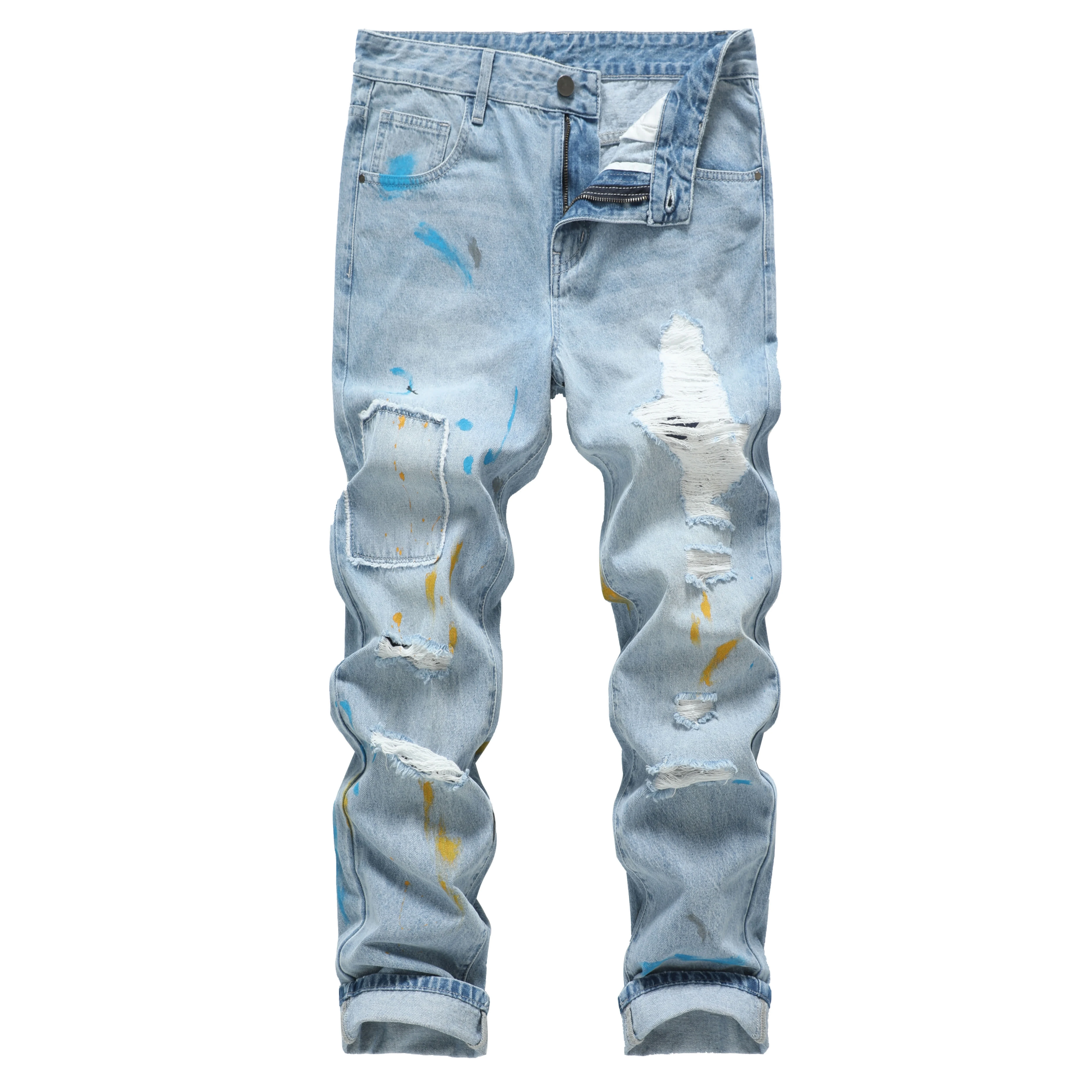 

Men's Casual Street Patch Splatter Ripped Style Regular Fit Denim Pants