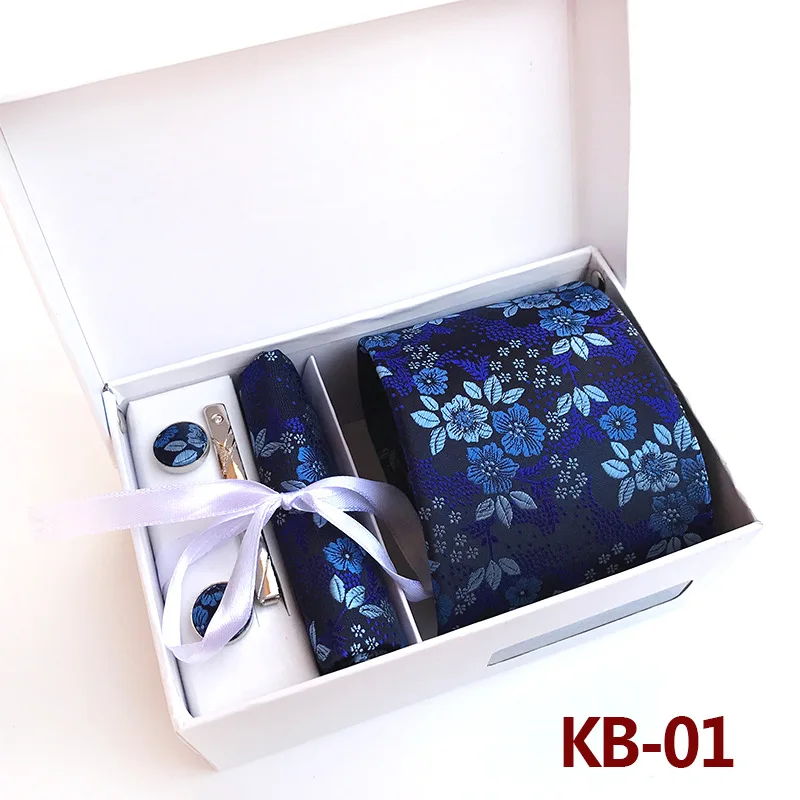 

Blue Tie For Men's Business 8cm Paisley Necktie Cufflinks Pocket Square Tie Clip Set For Men Wedding Party Gift Box White