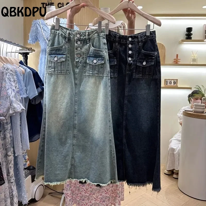 

Casual Design High Waist Denim Skirts Women 2023 High Waist Slim Mid Length Jean Faldas Raw Edge Loose Bleached Vintage Skirt