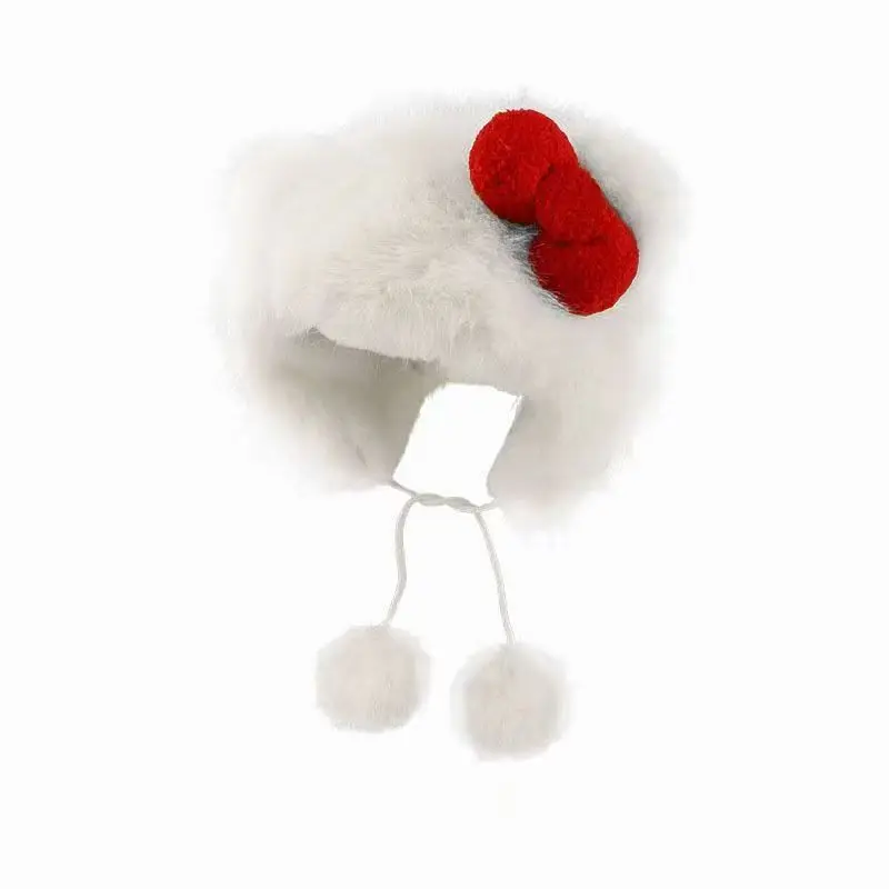 Korean Autumn Winter Cute White Cat Red Bow Plush Hat Girls Fashion Warm Hats Anti-freeze Ear Caps Outdoor for Women Gifts