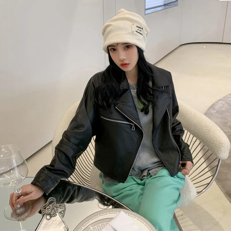 

Short Women's Sheepskin Coat Spring Autumn 2023 New Fashion Notched Collar Motorcycle Real Leather Jacket