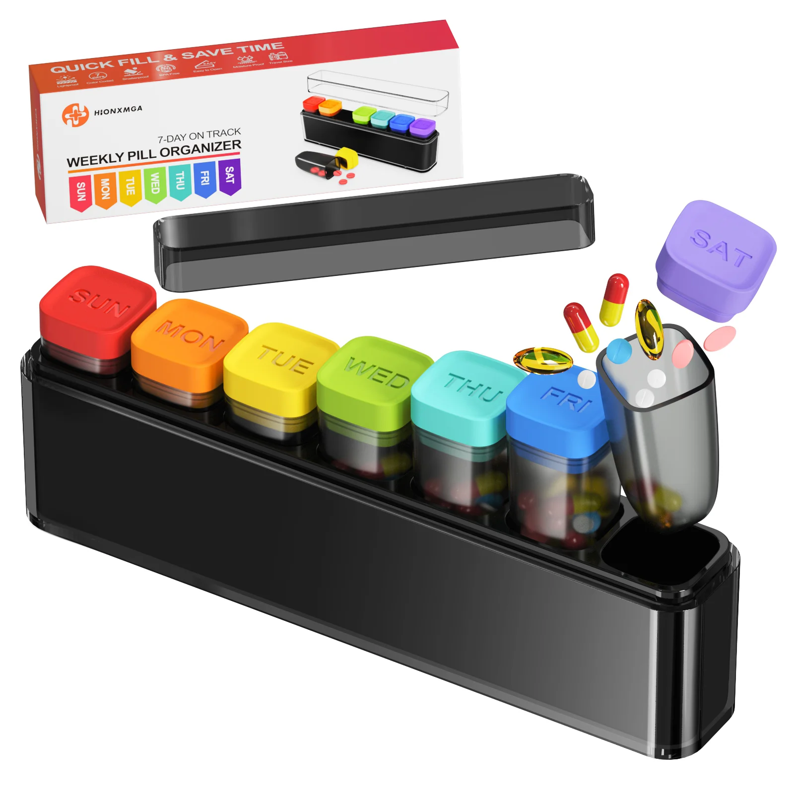 Compact Pill Organizer Travel Case | Detachable Daily Dispenser with Color-Coded Compartments