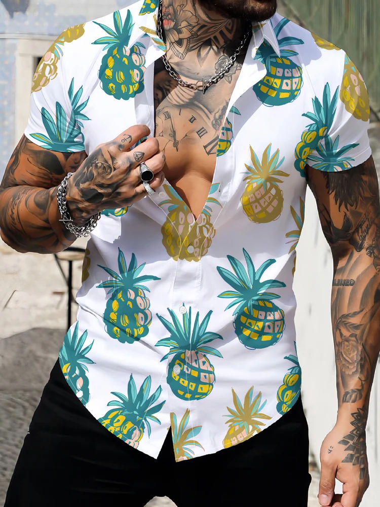 

Summer Hawaii Beach Party Men's Short Sleeve Shirt Pineapple 3D Digital Printed Shirt Fashionable Korean Style Shirt