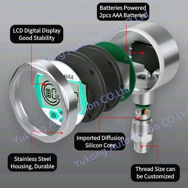 디지털 압력계 0-60MPa, 물, 연료유, 액체 및 공기용 무선 바/PSI 압력계 - 고정밀 저압 테스트