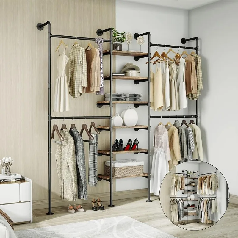 

Industrial Pipe Clothes Rack, DÉCOR Wall Mounted Clothing Rack, for Walk-in Wardrobe Multi-Purpose Storage Clothes Hanging Shelf