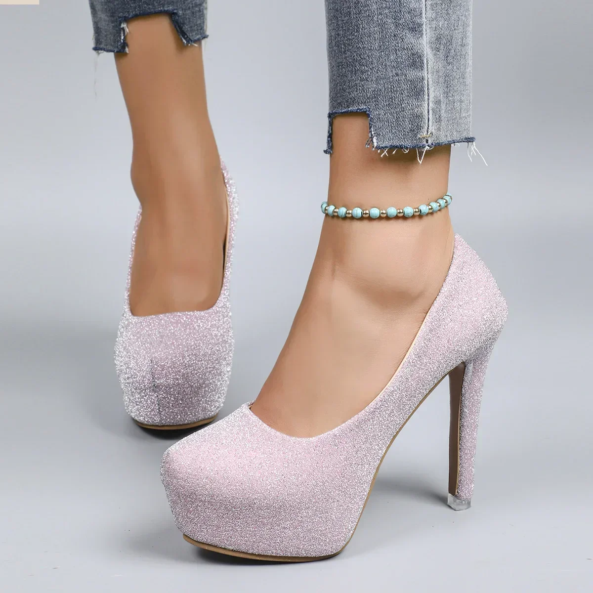 2024 Women's Shoes Fashion Platform High Heels Women's Wedding Shoes Solid Sequin Round Toe Elegant Women's High Heels Zapatos 2