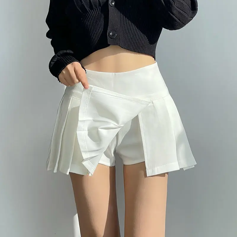 Lucyever Pleated Skirts Women Sexy Slim Side Split Anti-Glare Mini Skirt Female All-Match Solid Color High Waist A Line Skirt