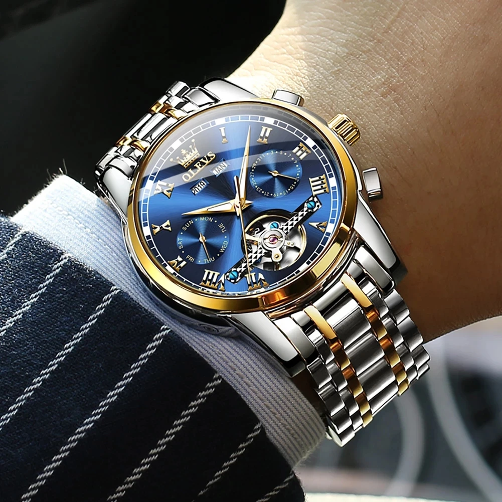 OLEVS Automatic Mechanical Watch for Men Week Calendar Skeleton Hollow Wristwatch Stainless Steel Classic Business Men's Watches