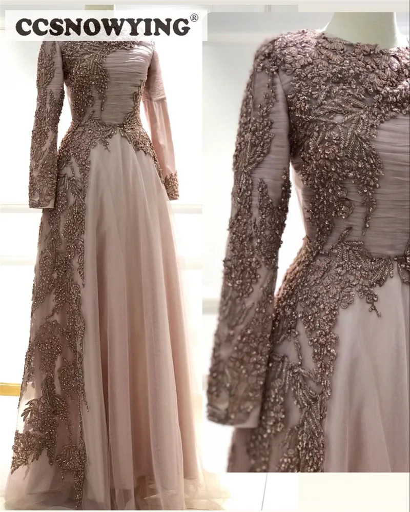 

Pink Long Sleeve Muslim Evening Dresses Tulle Appliques High Neck Hijab Formal Party Prom Gown Arabic Islamic Robes De Soirée
