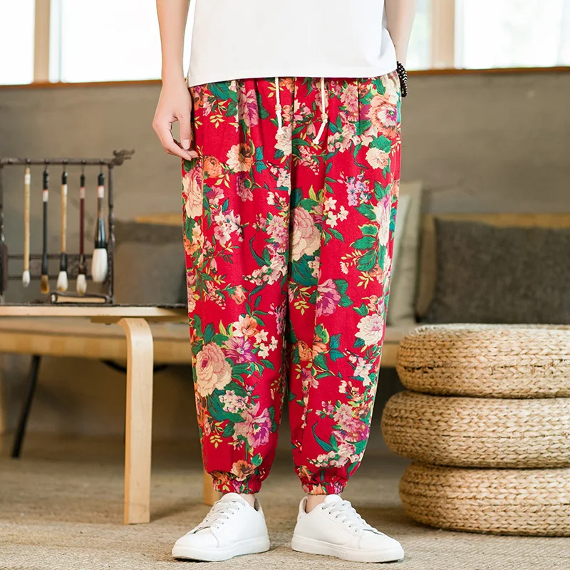 Fashion Mens Harem Pant Loose Comfortable Print Floral Party Pants Mens Casual Baggy Jogger Sweatpants