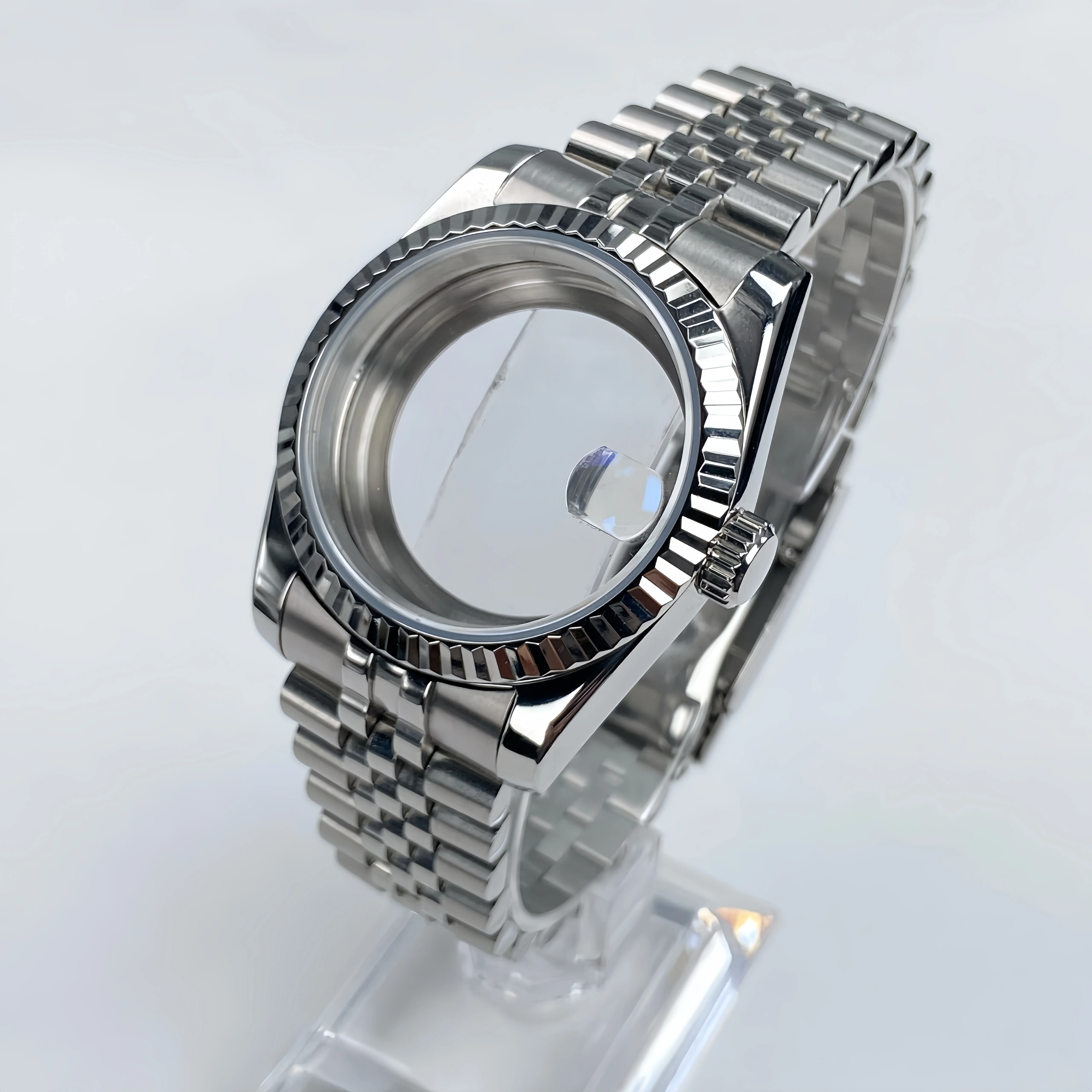 Fluted Bezel Sapphire Glass Stainless Steel Watch Case