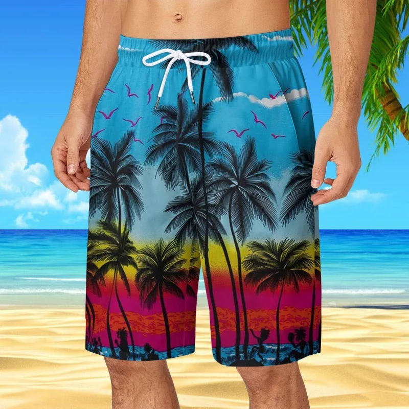 Mens Hawaiian Beach Shorts Coconut Tree Print