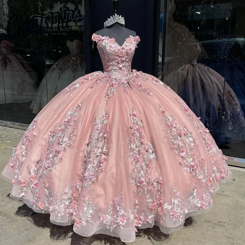 

ANGELSBRIDEP розовое мексиканское бальное платье, платья для Quinceanera с открытыми плечами, платья для 15 лет, аппликация 3D Цветочное платье принцессы