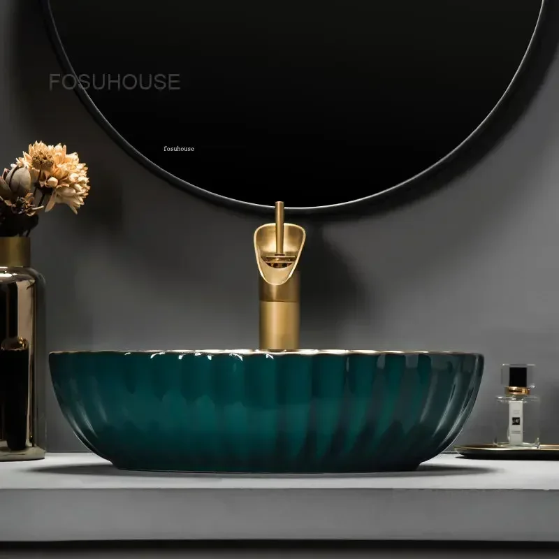 Nordic Green Gold Art Bathroom Sinks High-end Hotel Bathroom Washbasins Home art Washing Sinks Domestic Luxury Basin Z