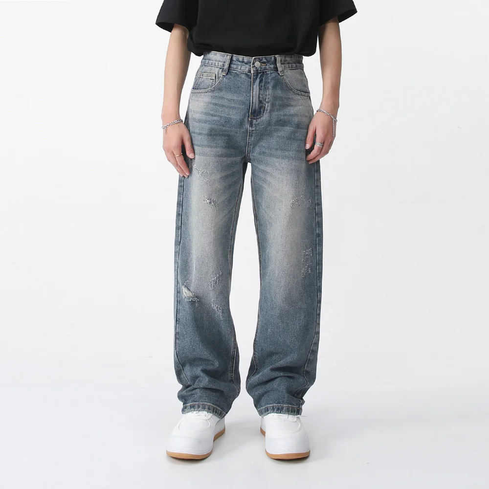 

NEW Male Streetwear Fashion Broken Hole Jeans Trousers Men Loose Casual Straight Vintage Washed Denim Jeans Pants