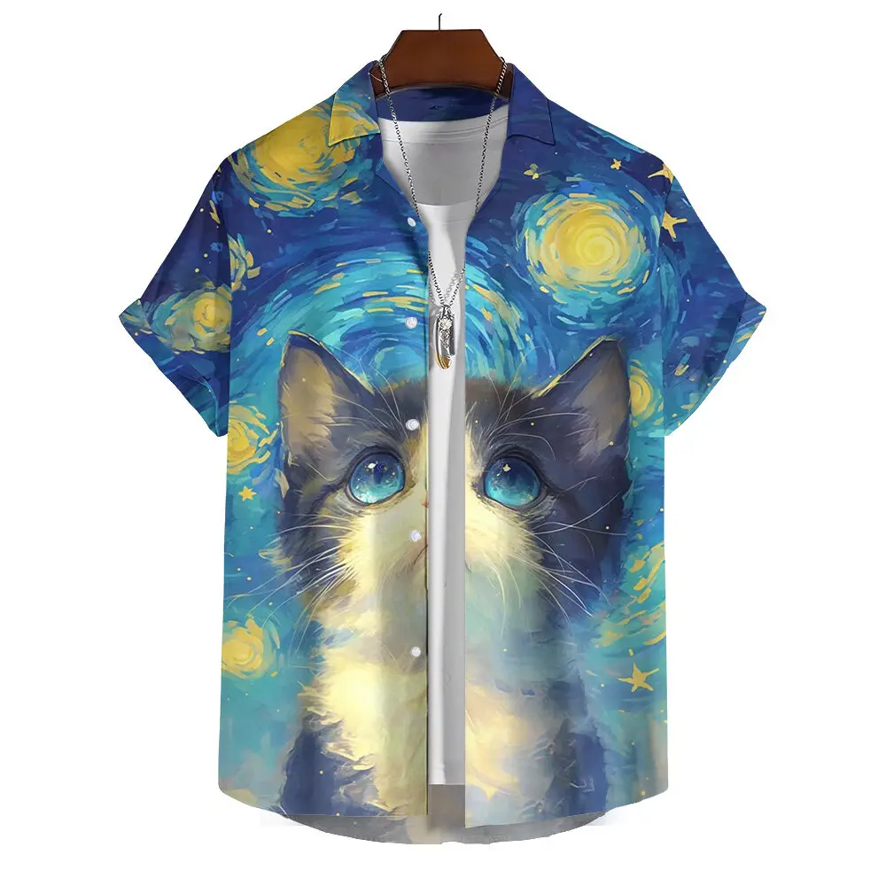 Summer Men's Printed Short Sleeve Shirt Oil Painting Starry Sky Cartoon Cat Print Street Daily Casual Oversized Tops SIZE S-5XL 5