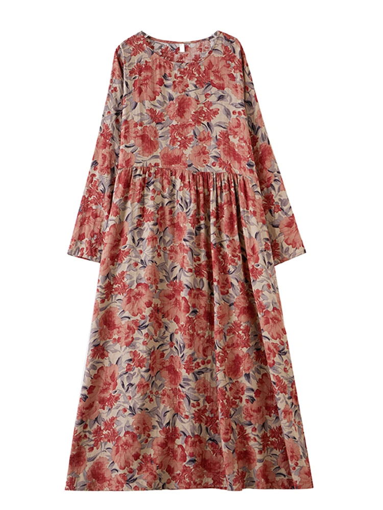 2025 Spring Autumn Cotton Vintage Print Dresses For Women Casual Loose Long Sleeve Dress Femme Robe Vestidos Fashion Clothing