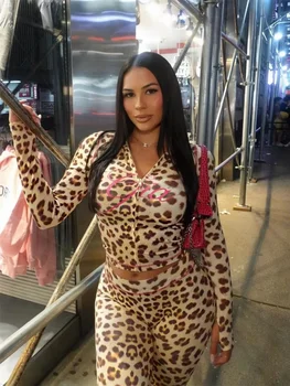 2Pcs Sexy Women's Zipper Hooded Cardigan Top + High-Waisted Tight Trousers Two-piece Set Ladies Leopard Print Clothes Outfit 1