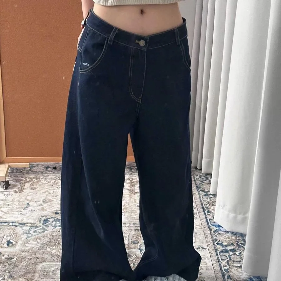 American Retro Plaid Splicing Jeans Women Loose Wide Leg Pants Spring Season Small Audience Butterfly Knot Long Pants - Image 2
