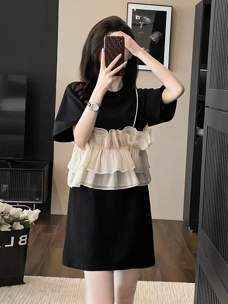 

2023 Summer New Black Fake Two Piece Westernized Age Reducing Loose Fit Slim Covering Stomach Small T-shirt Dress