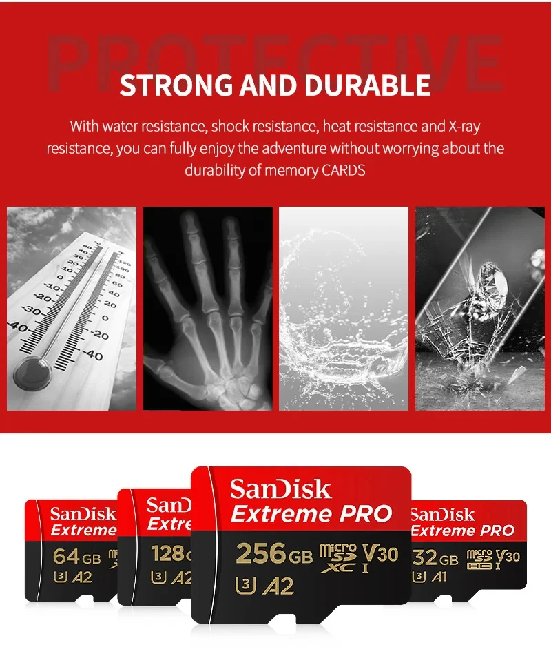 SanDisk A2 마이크로SD 카드 U3 V30 클래스 10 200MB/s 읽기 속도 TF 플래시 메모리 카드 32GB 64GB 128GB 256GB 512GB